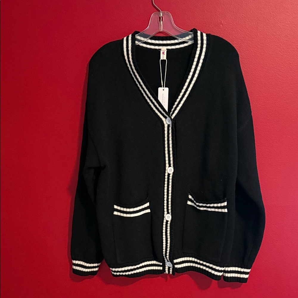 NWT Darong Black Cardigan Sweater with White Striped Trim L